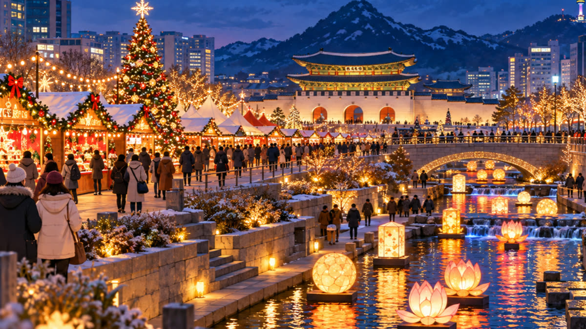 An evening scene in central Seoul with warm string lights over Christmas market stalls on Gwanghwamun Square, a glowing tree and lanterns reflected in Cheonggyecheon stream, and bu