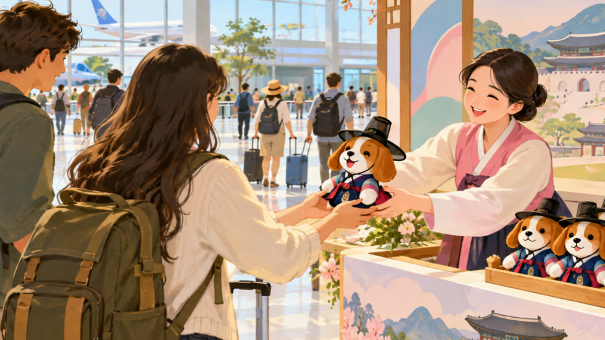A bright welcome booth in an airport arrivals hall, where staff hand a cartoon beagle souvenir in a hanbok and traditional gat to smiling arriving travelers.