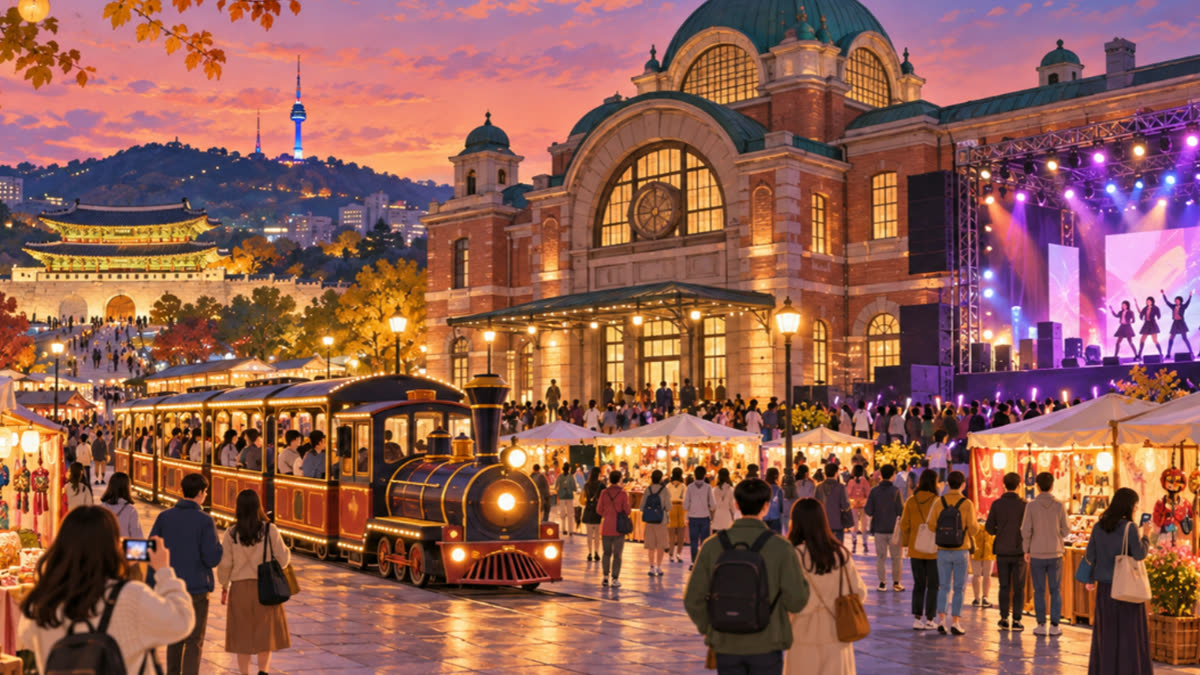 An evening festival scene outside a historic brick train station, with a small tourist train, market stalls and a K-pop stage lit up.