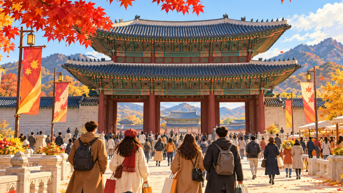 Travelers in autumn coats walk through Gyeongbokgung's main gate under red and gold maple leaves, with festival banners and shopping bags around them.